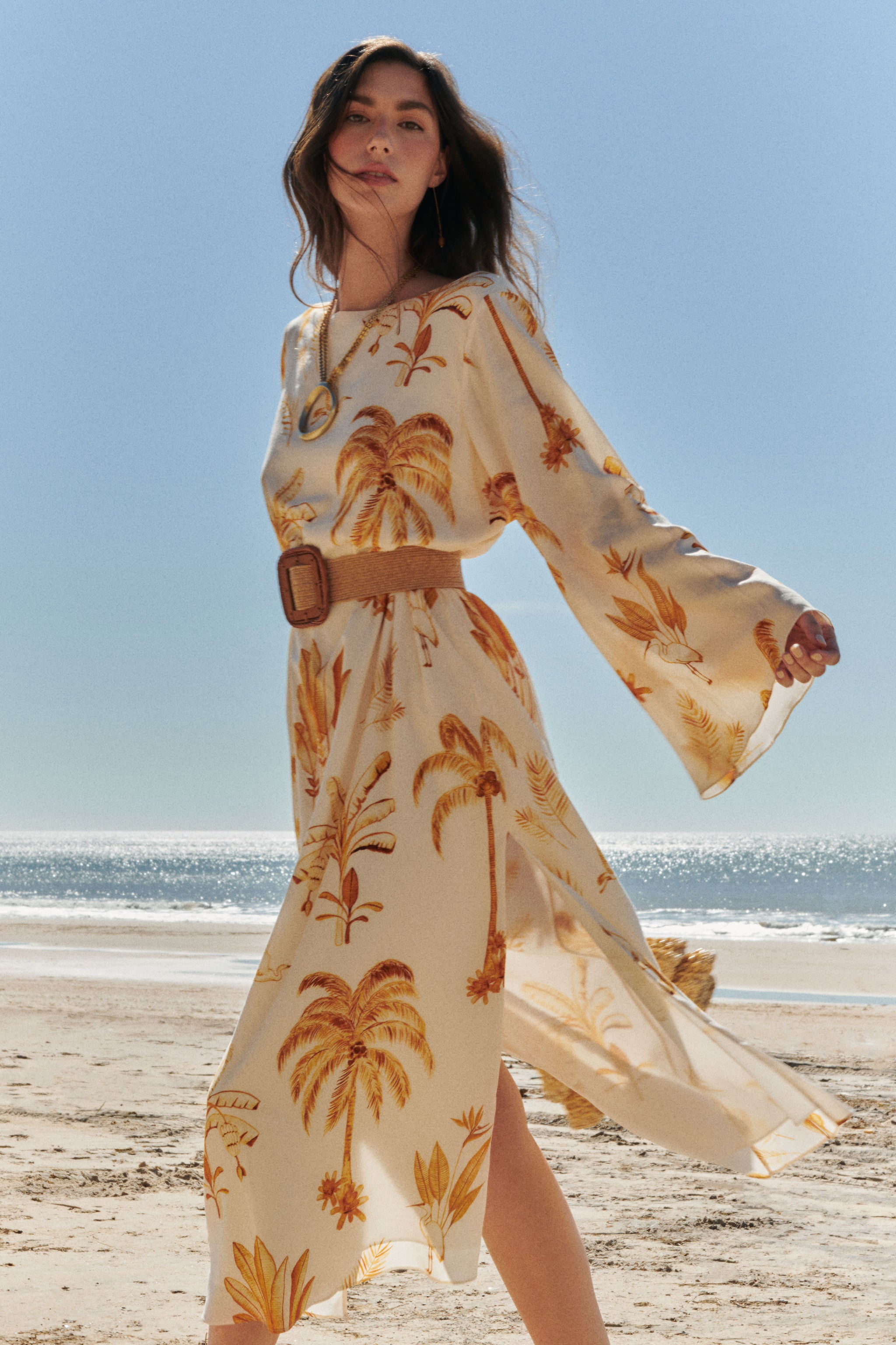 Vestido Túnica Palmeiras Tropicais - Bege