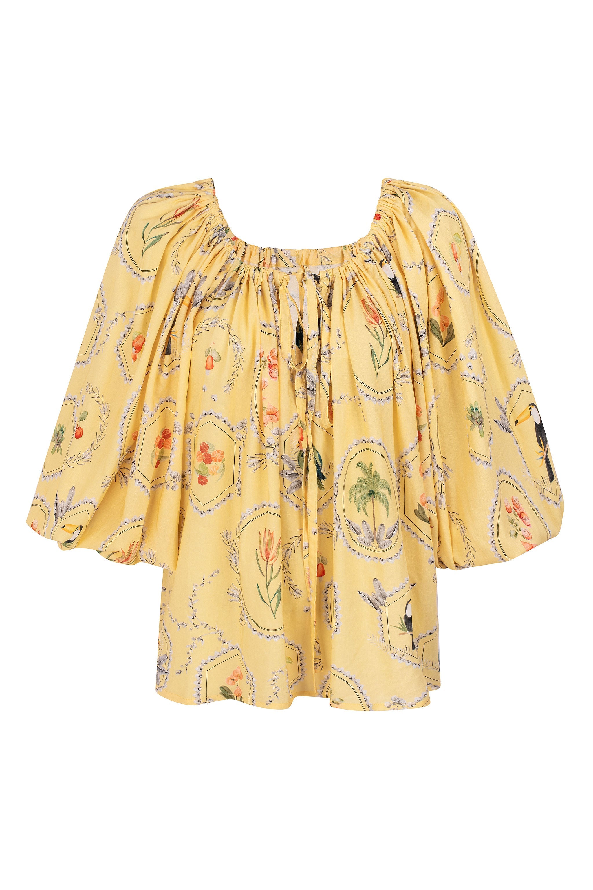 Blusa Boho com amarração e manga Puff - Amarelo Manteiga