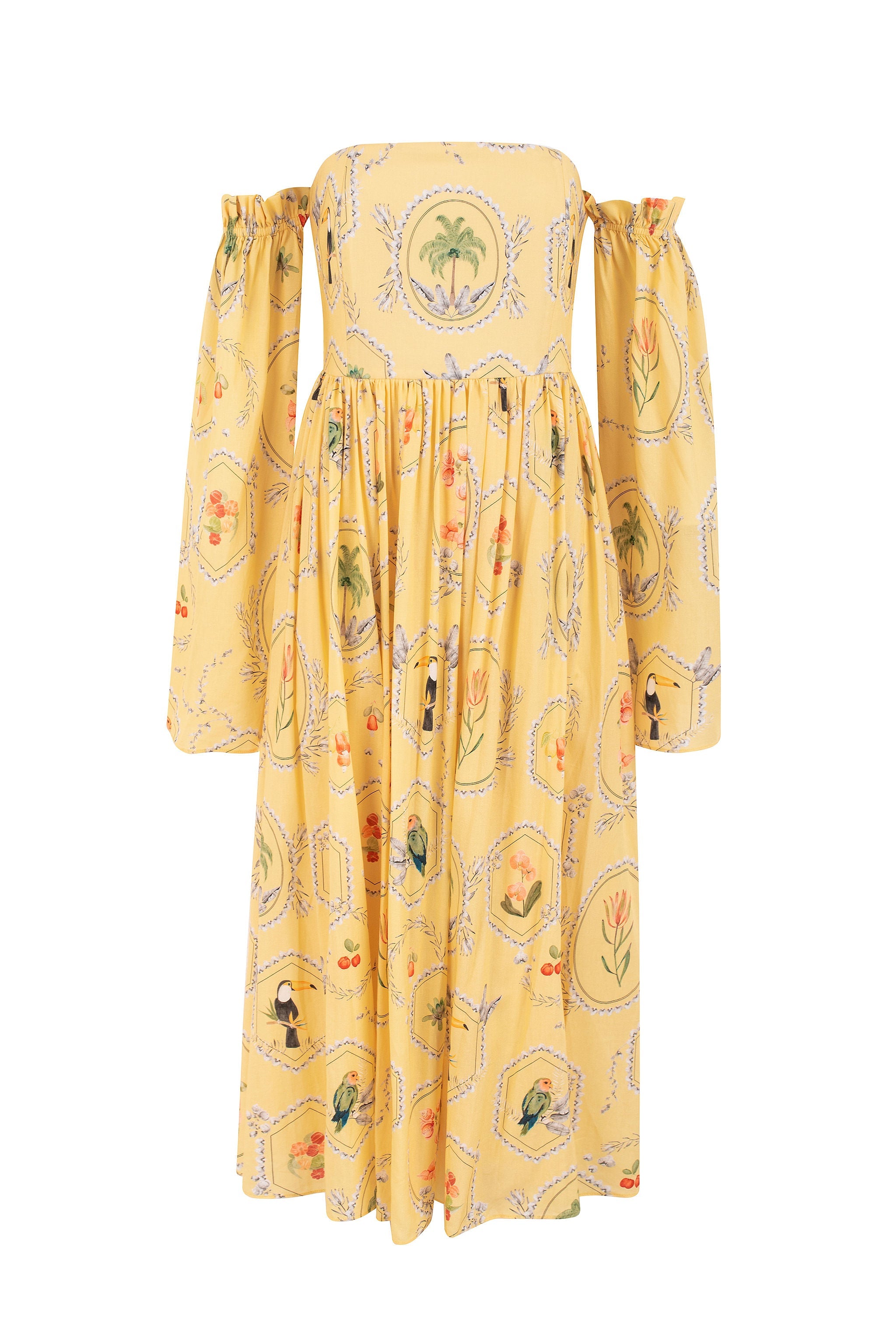 Vestido Tomara que caia Estampa Molduras – mangas removíveis - Amarelo manteiga