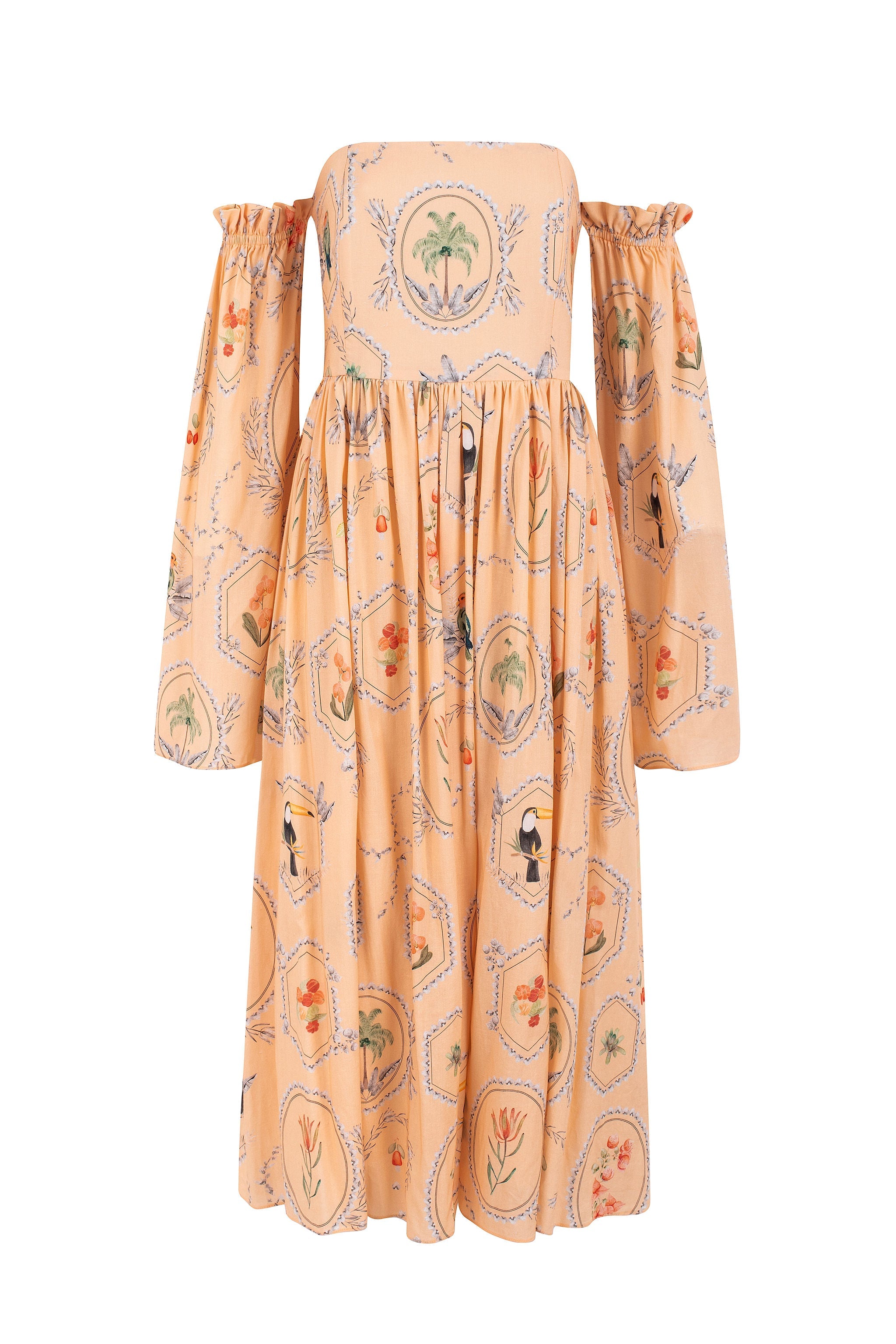 Vestido tomara que caia estampa molduras – mangas removíveis – Rosa Pêssego