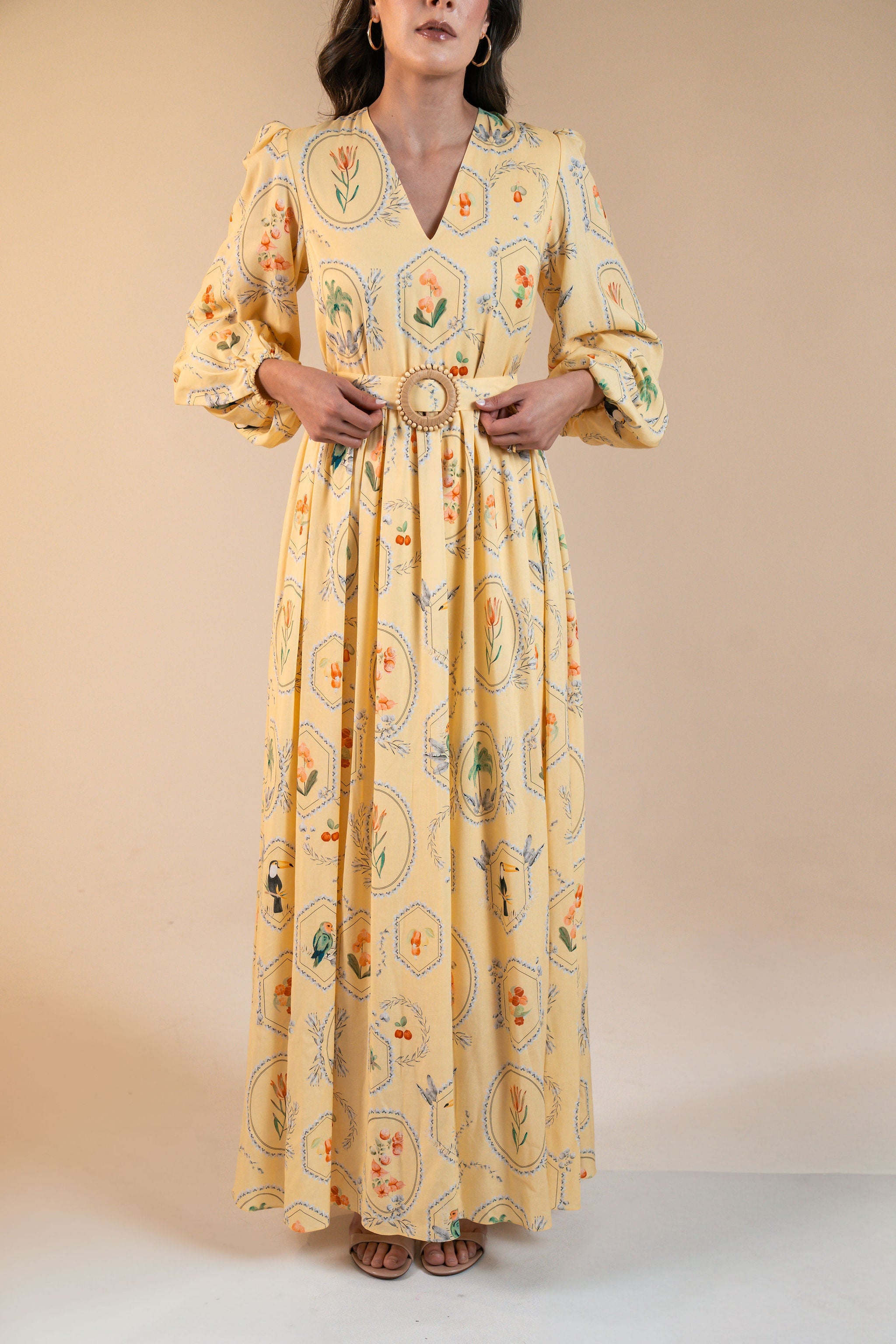 Vestido Marcela Maxi Estampa Molduras - amarelo manteiga