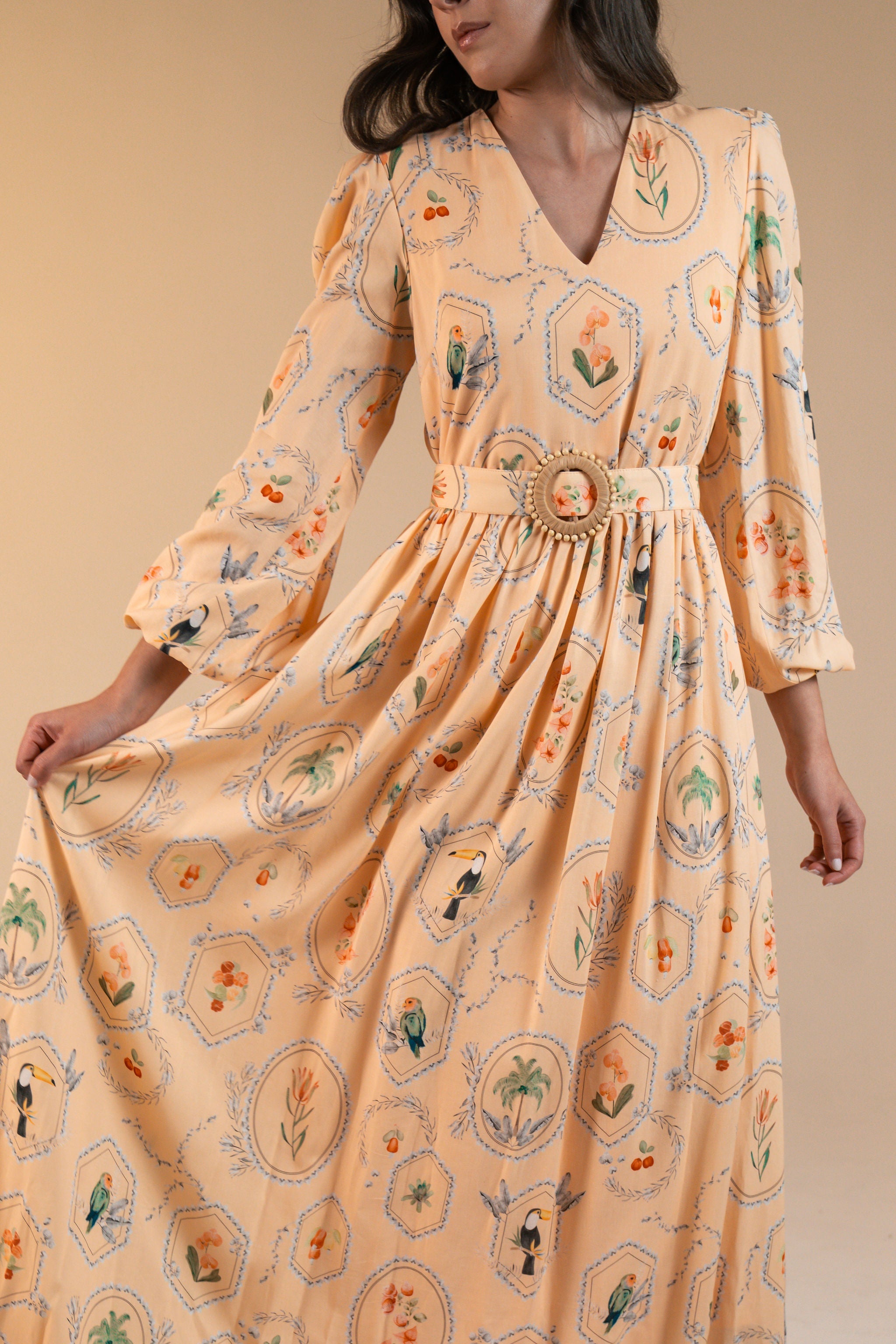 Vestido Marcela Maxi Estampa Molduras - Pêssego