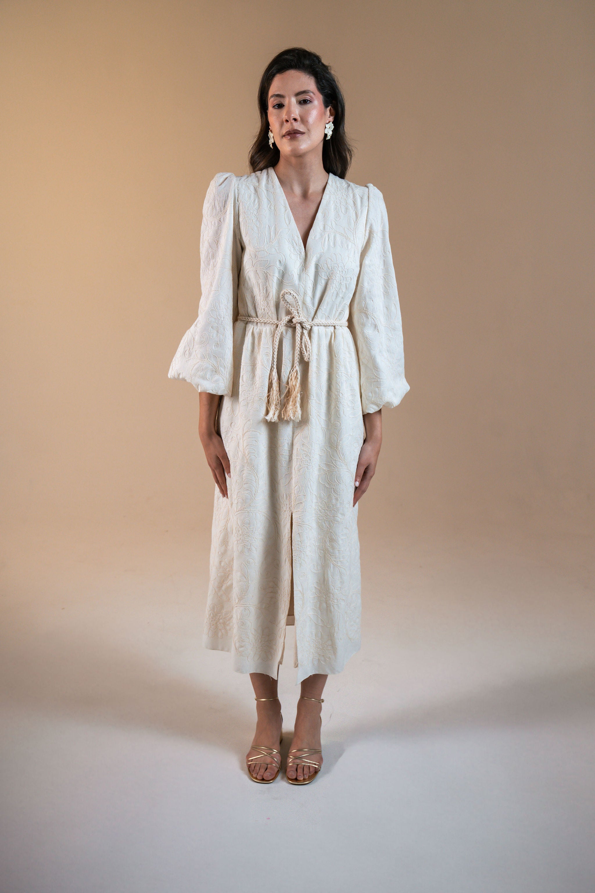 Vestido Marcela com cinto em ráfia - Off white