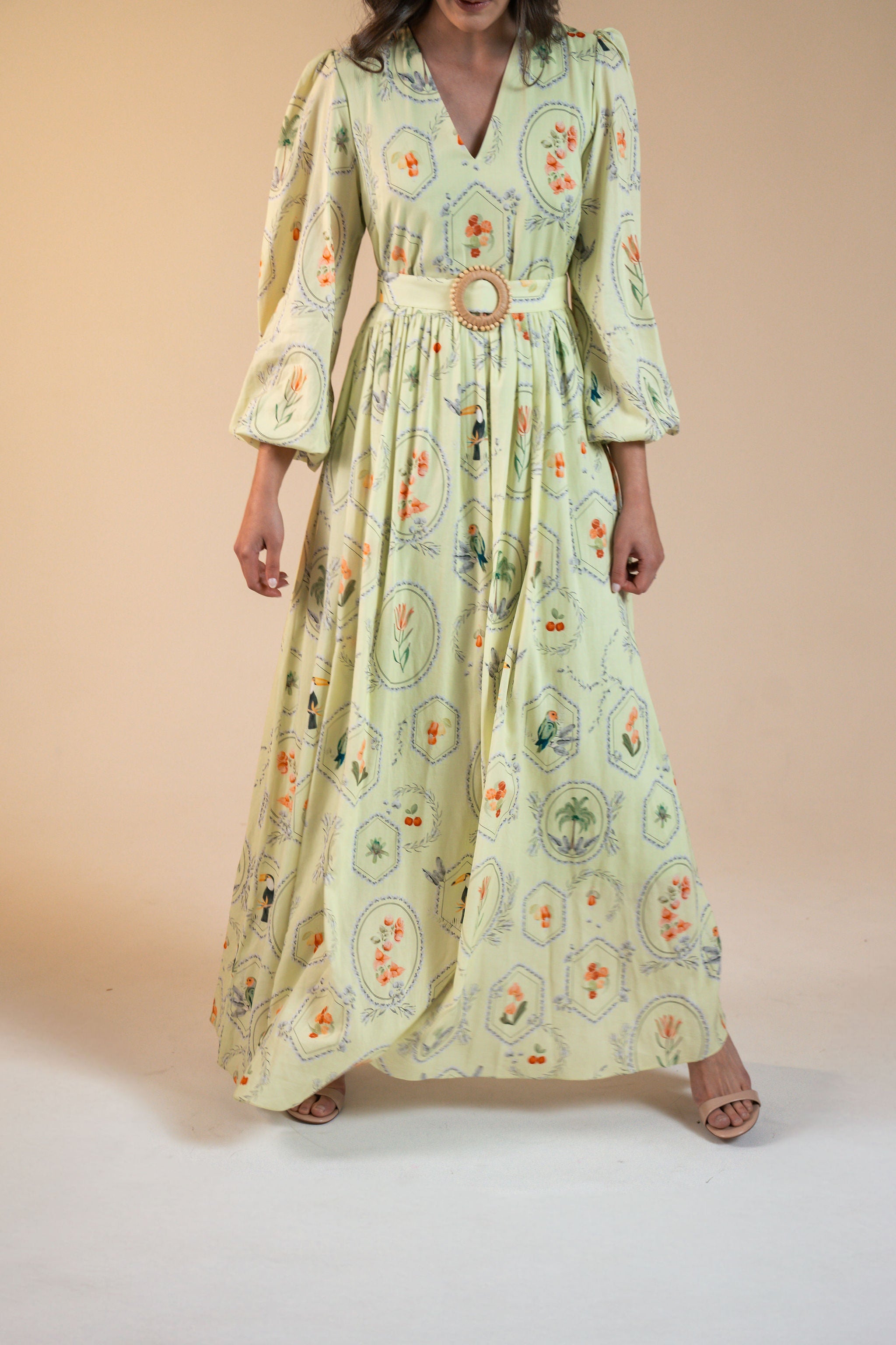 Vestido Marcela Maxi Estampa Molduras - Menta