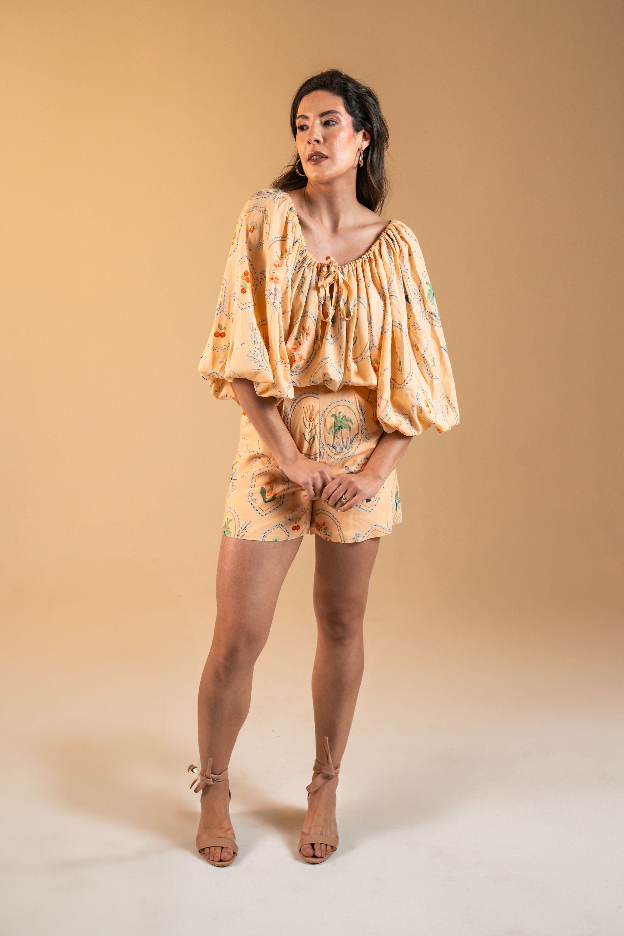 Blusa Boho com amarração e manga Puff - Rosa Pêssego