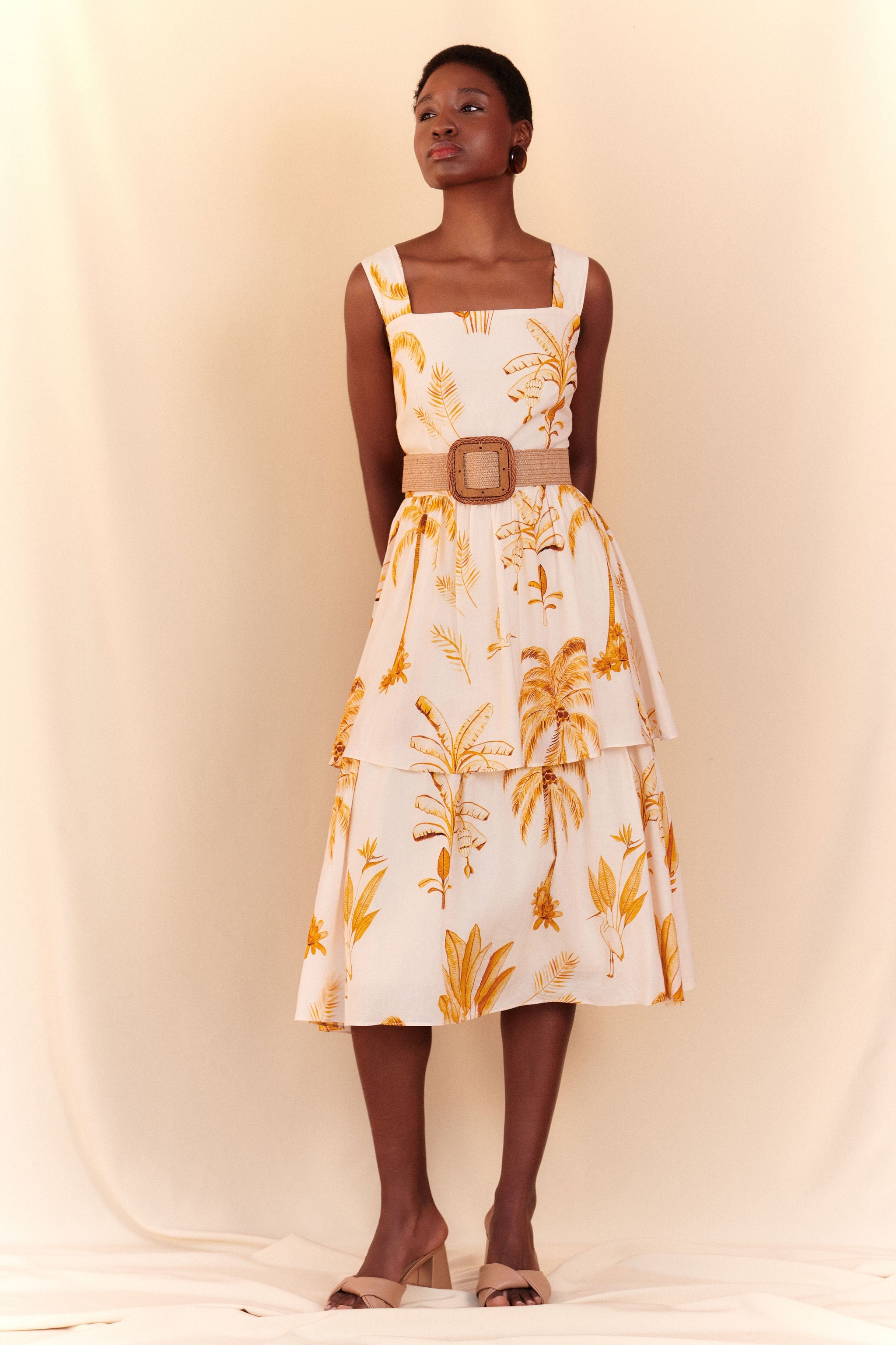 Vestido Luisa Palmeiras Tropicais - Bege