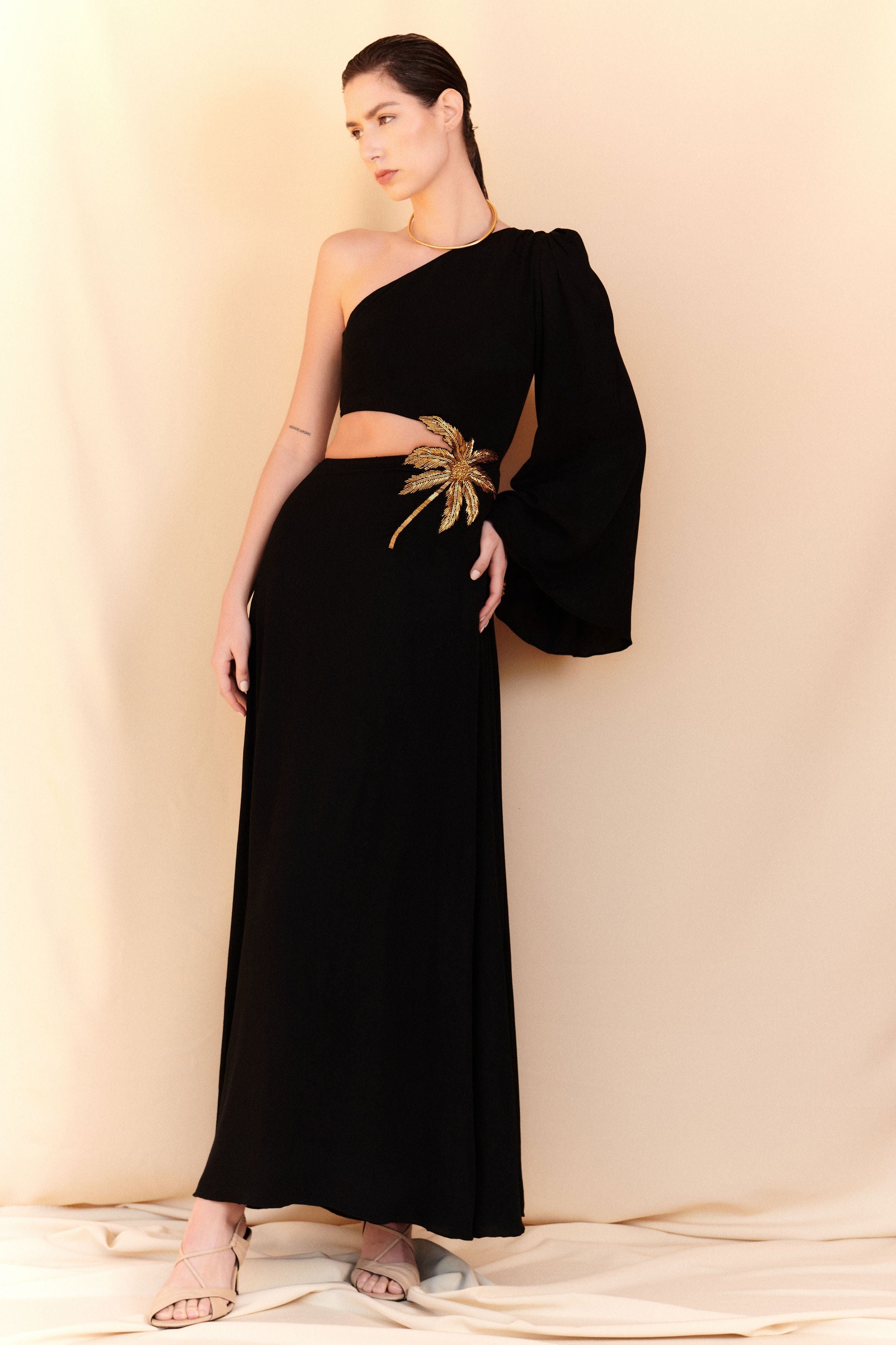 Vestido Maxi Palmeira Bordada - Preto